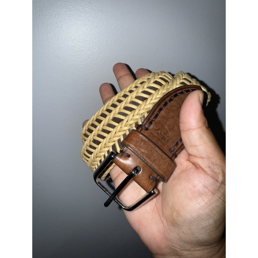 TUMI Leather Cord Woven Belt Brown KHAKI MINT 40.5" Sz‎ 36